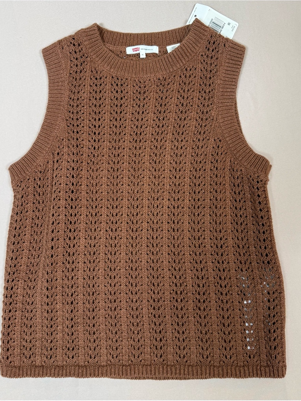 Levi's Sunrise Crochet Brown Sweater Tank, Cotton/Linen Blend, NWT, XS.